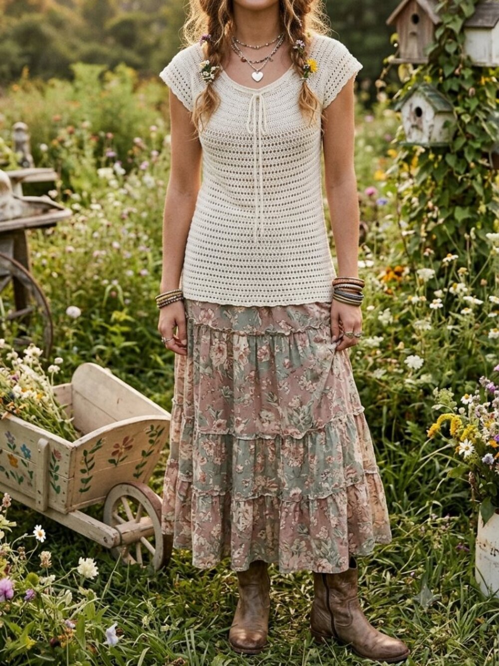 Nevada Cream Crochet Cap Sleeve Knit Top Tie Detail‎ Boho Medium